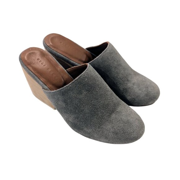 CERI HOOVER Miller Mule 7 Wood Heel Hand-Carved Gray Suede Leather Upper - Picture 4 of 13